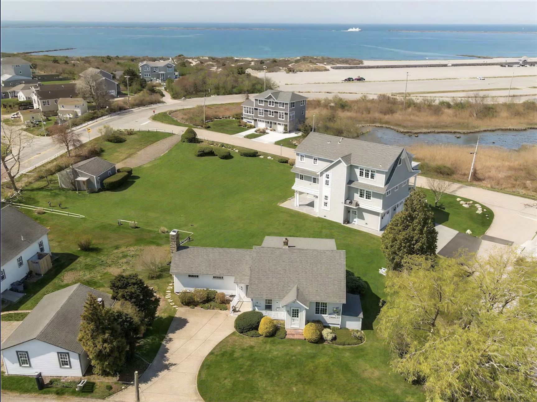 Aerial view of luxury Rhode Island coastal estate